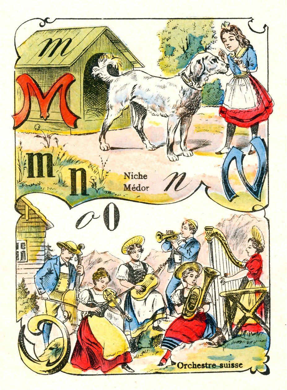 M N és O betűk, mint Medor, Niche és Swiss Orchestra. Metszet "Mókás ábécé"-ben. Pont-a-Mousson képalkotása. Nyomtatás és kiadás Louis Vagne, 19. század vége alkotó: Unbekannt