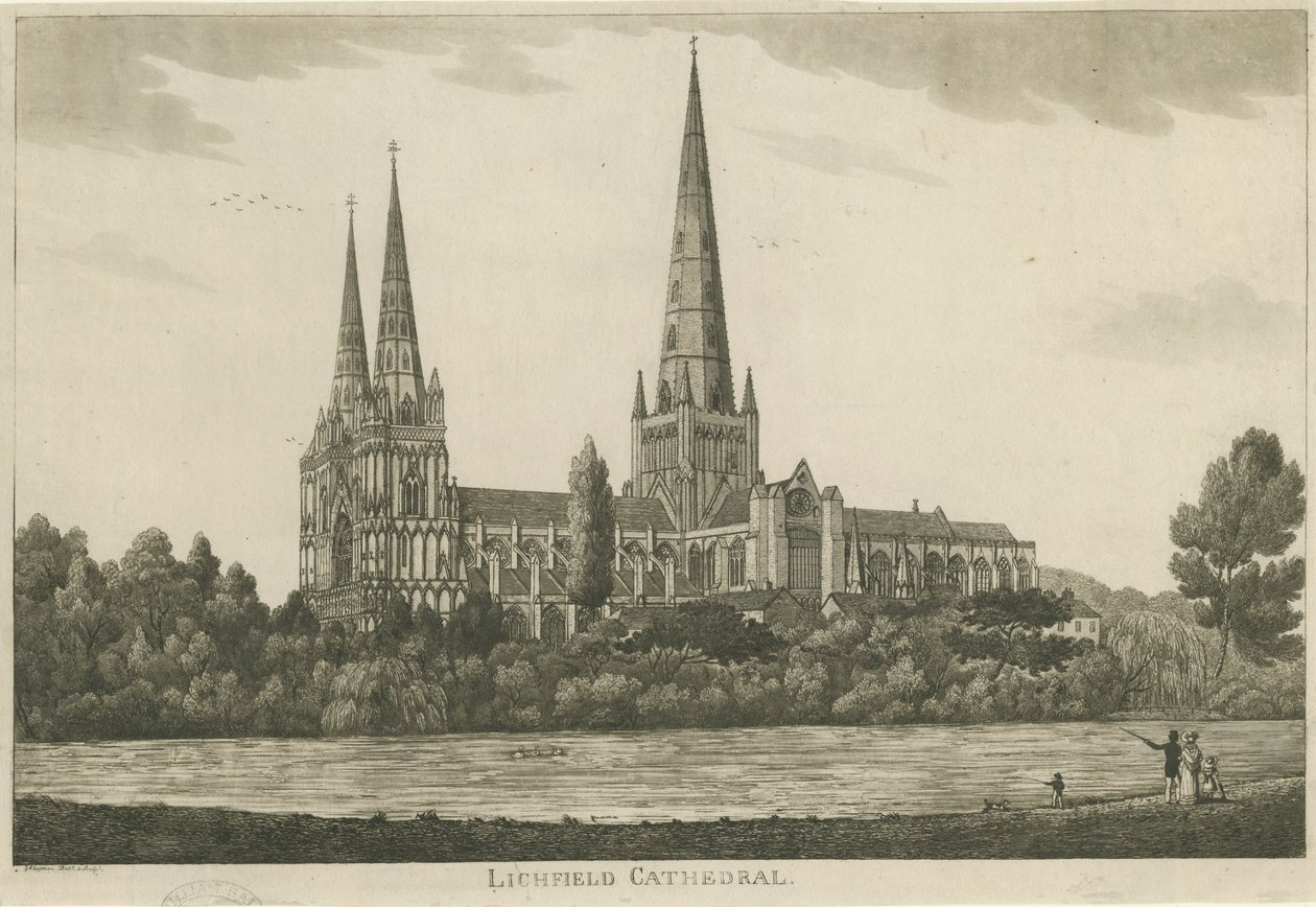 Lichfield katedrális – Déli nézet: akvatinta metszet, nd [c 1820-1830] alkotó: Unbekannt