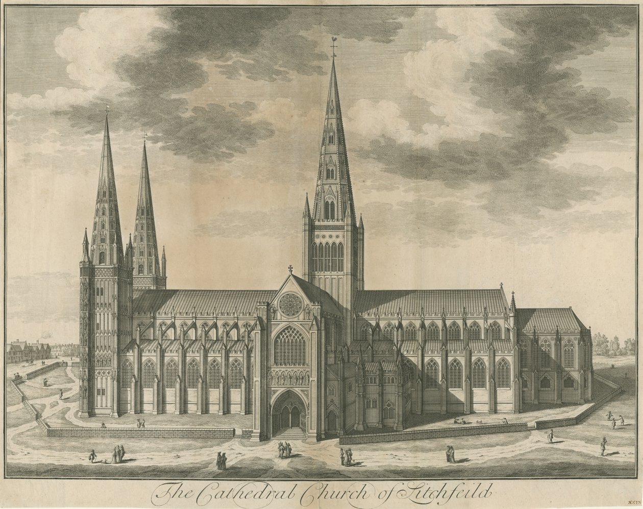 Lichfield katedrális – Déli nézet: metszet, nd [c 1730] alkotó: Unbekannt