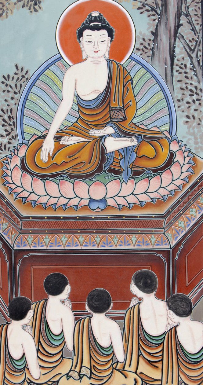 Buddha élete Buddhaként, felébredtként visszatért, hogy megtanítsa öt gyakorlótársának a kielégítetlenség nemes igazságát, az ok nemes igazságát (sóvárgás), a megszűnés nemes igazságát és a nemes nyolcszoros ösvényt, amely a megszűnés alkotó: Unbekannt