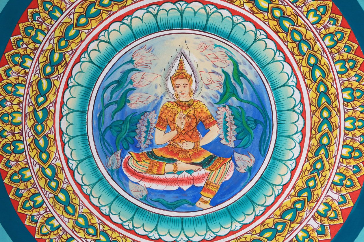 Buddha élete. Mennyezeti alkotás, amely Buddha életét ábrázolja. Wat Inpeng. Vientiane. Laosz, 20151029, Vientiane, Laosz alkotó: Unbekannt
