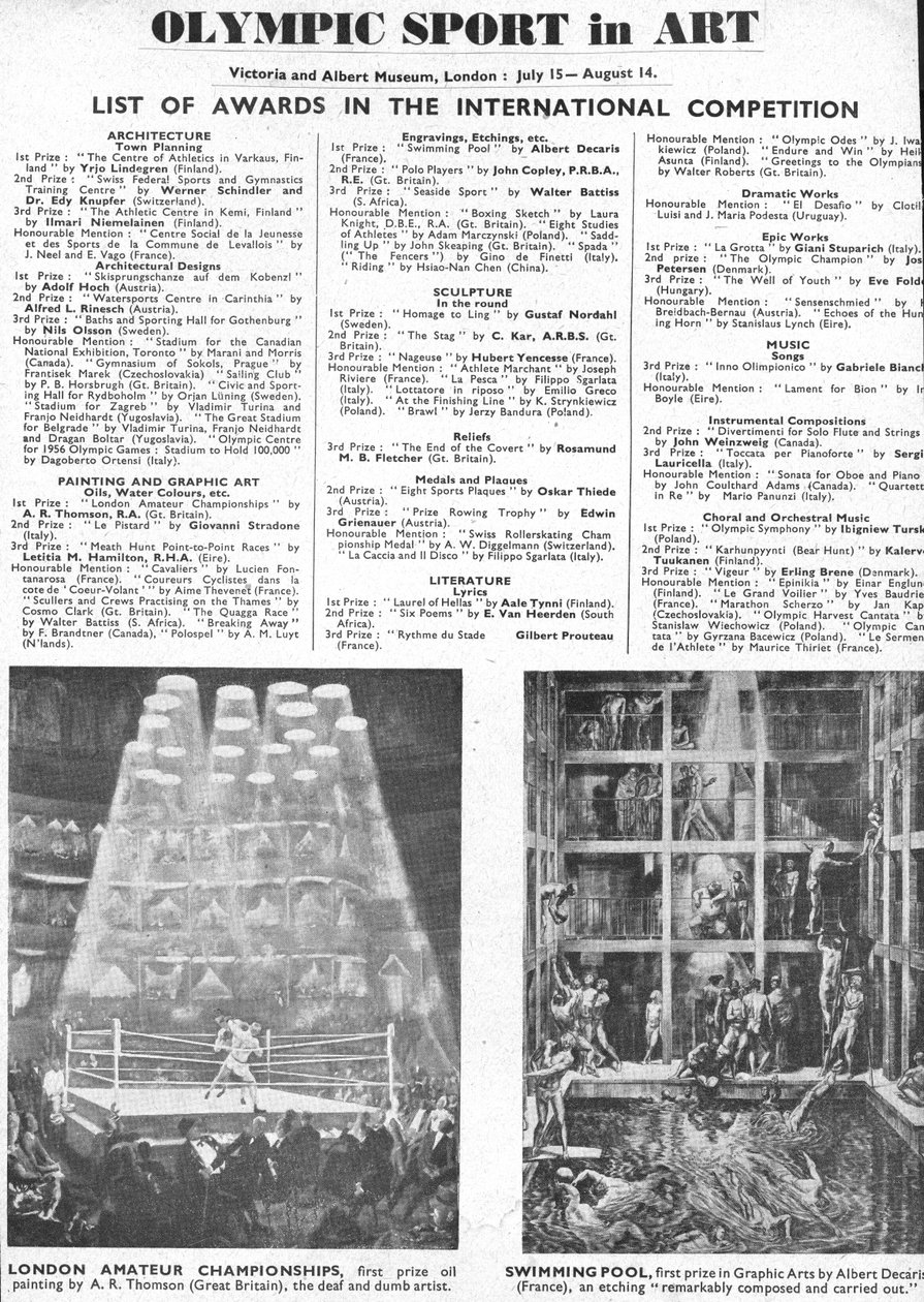 Az 1948-as londoni olimpia építészetért, művészetért, szobrászatért, irodalomért, drámáért és zenéért díjazottjainak listája (litho) alkotó: Unbekannt