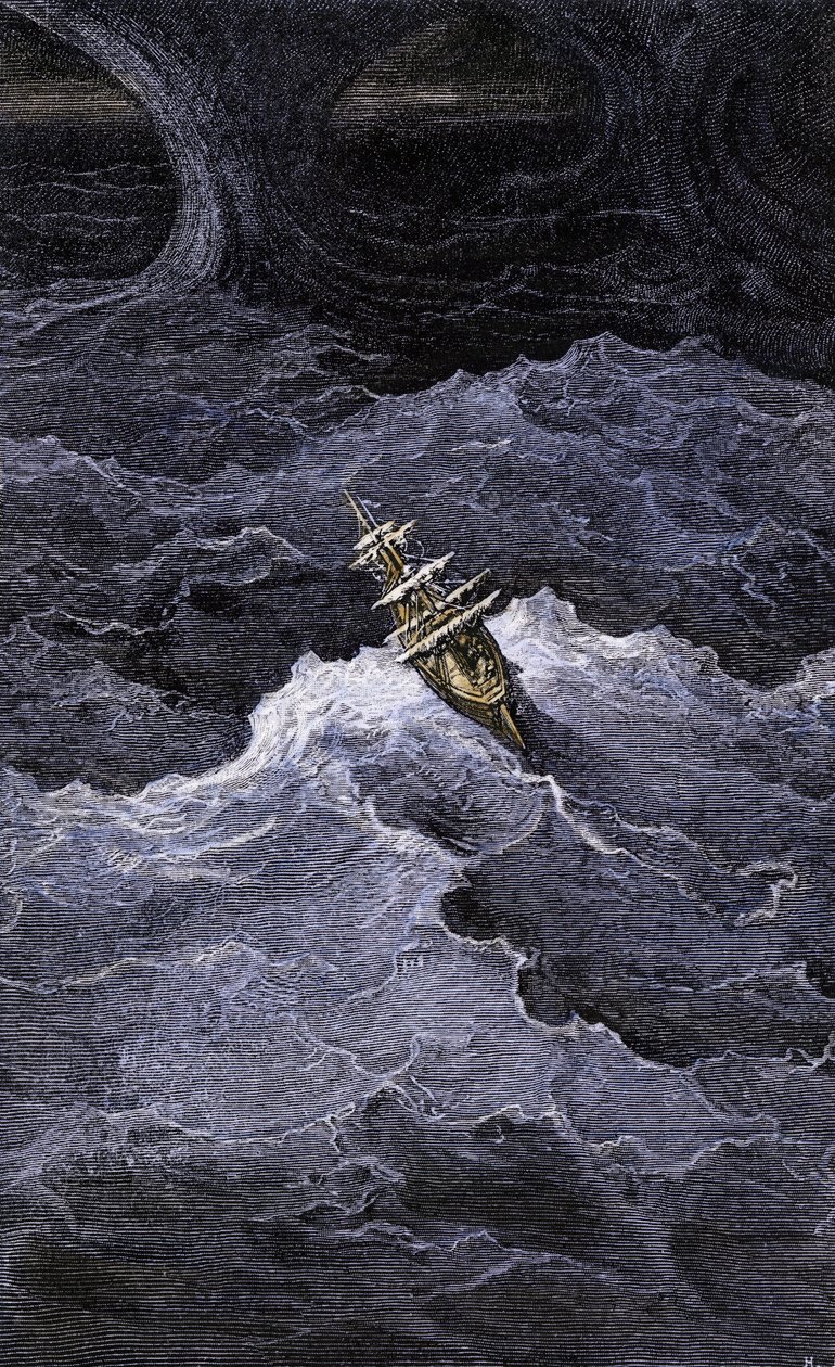 Irodalom: Irodalom: Csónak a tenger közepén. Samuel Taylor Coleridge (1772-1834) "Rime of the Ancient Mariner" című regényének illusztrációja. Színes metszet Gustave Dore illusztrációja után. alkotó: Unbekannter Künstler