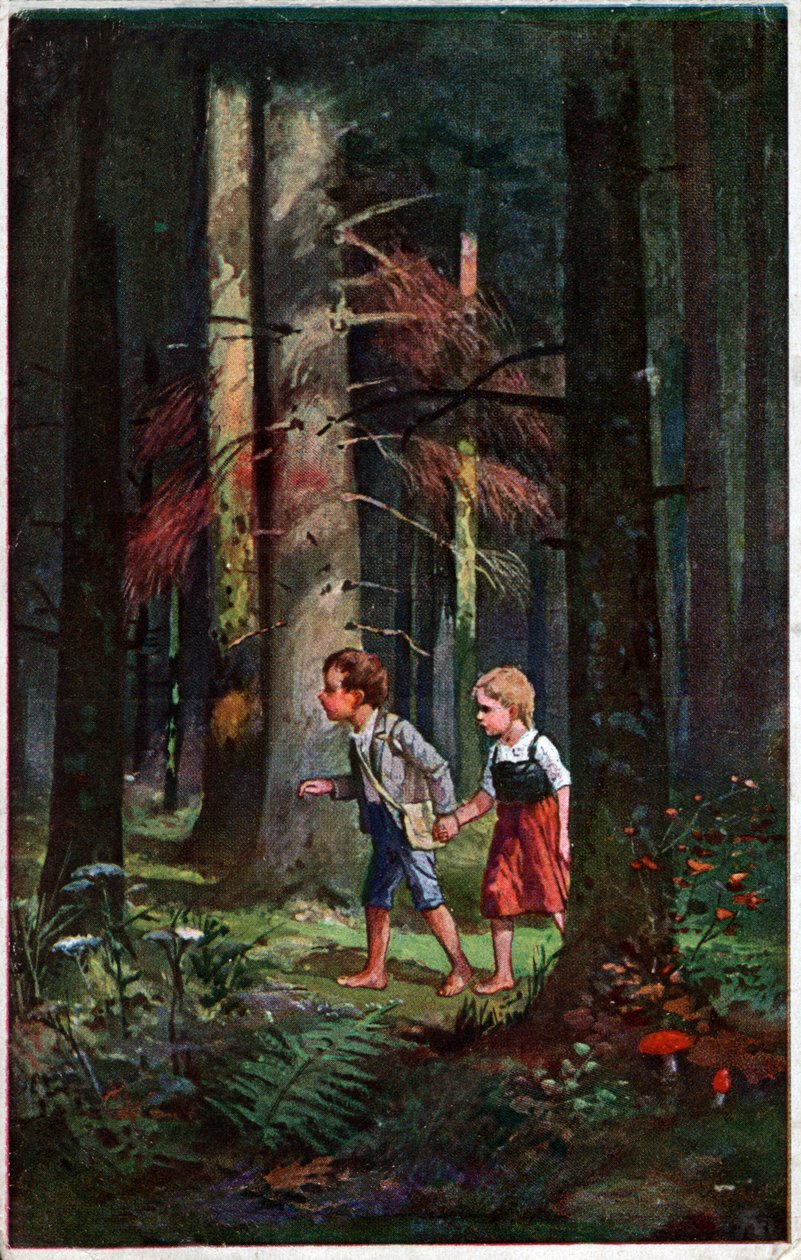 Irodalom. Tündérmesék. Hansel és Gretel eltévedtek az erdőben. Otto Kubel illusztrációja a Grimm testvérek meséjéhez. Képeslap, Németország, 1900 körül. alkotó: Unbekannter Künstler