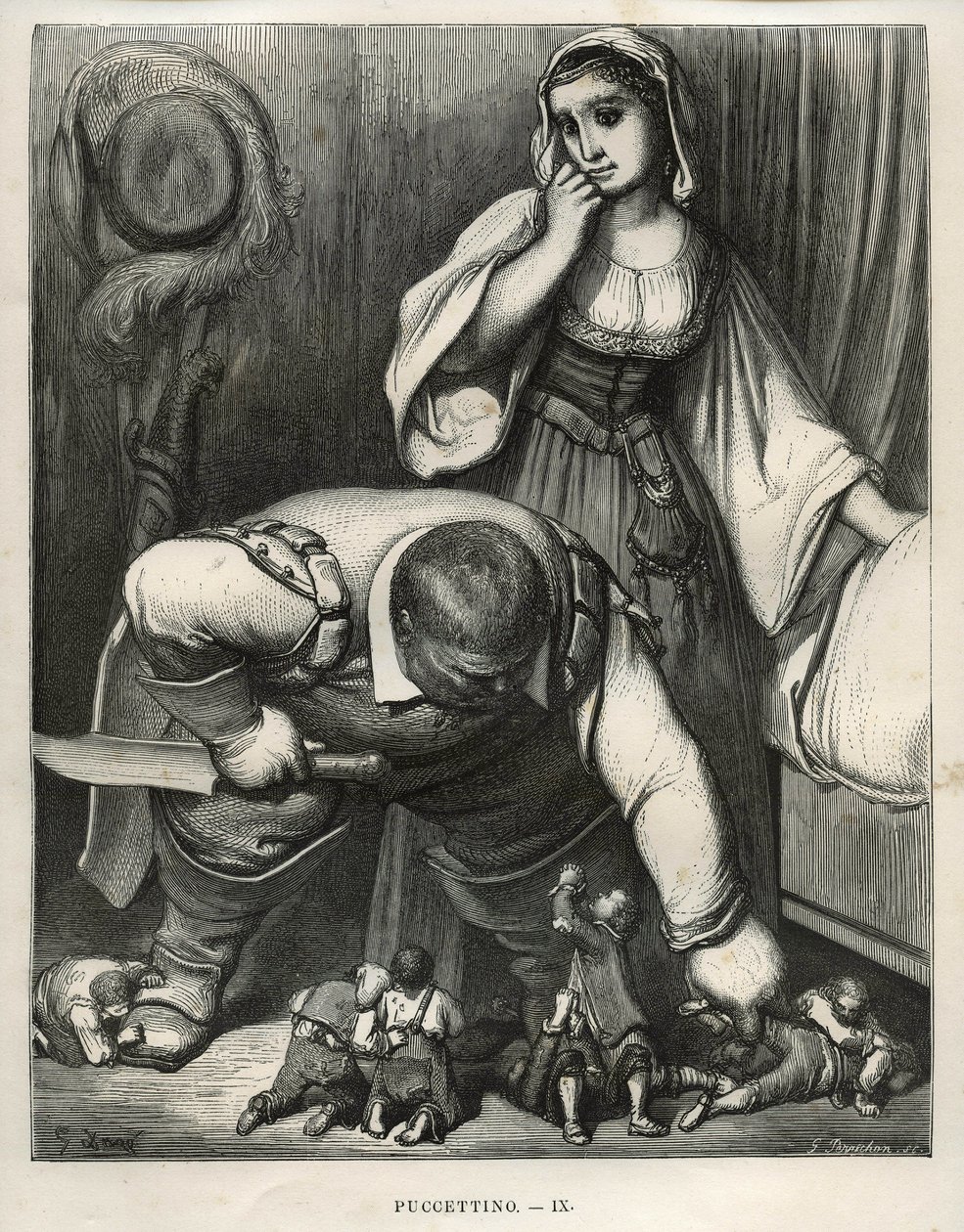 A kis Pouket és testvérei könyörögtek az ogrének, hogy ne ölje meg őket Gustave Dore (1832-1883) metszete Charles Perrault „” Les Tales” (1628-1703) című művéből alkotó: Unbekannt