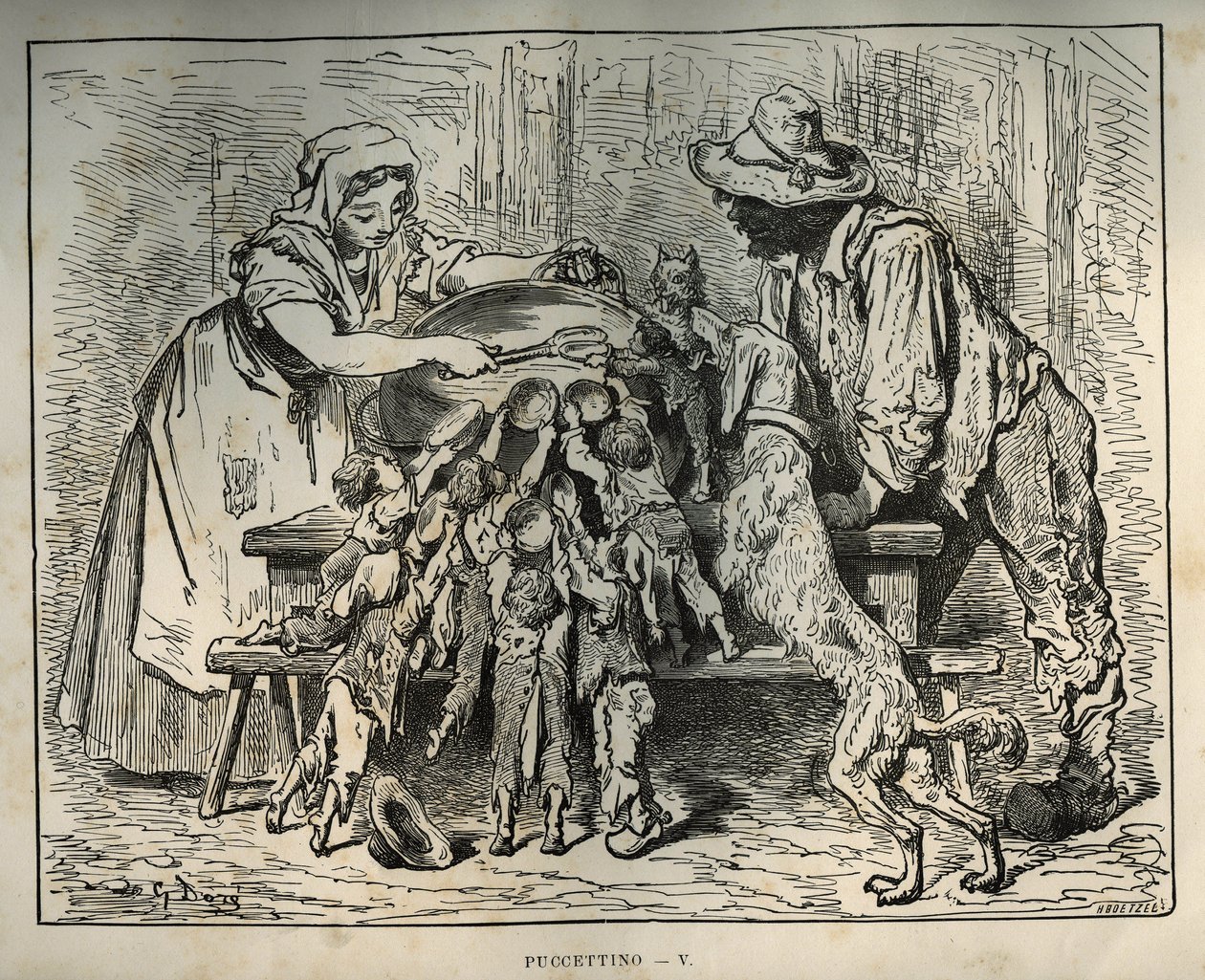 A kis Poulet és éhes testvérei. Gustave Dore (1832-1883) metszete Charles Perrault (1628-1703) „Les contes” című könyvéből alkotó: Unbekannt