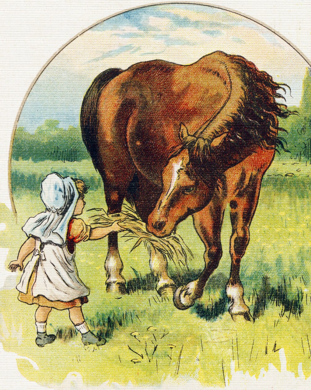 Kislány szénát ad egy lónak. Metszet "ABC L