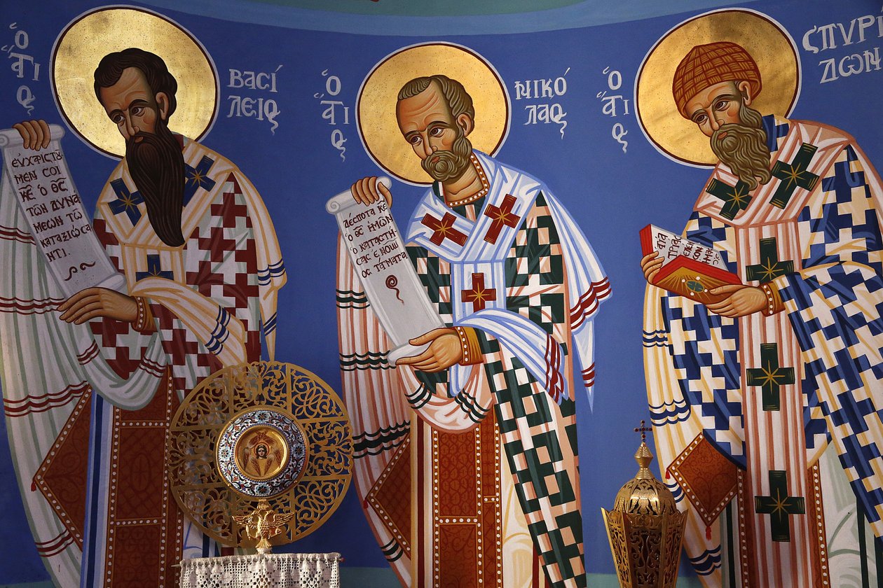 Liturgikus tárgy és freskó a Pedoulas ortodox templom szentélyében, 20150510, Pedoulas, Ciprus alkotó: Unbekannt