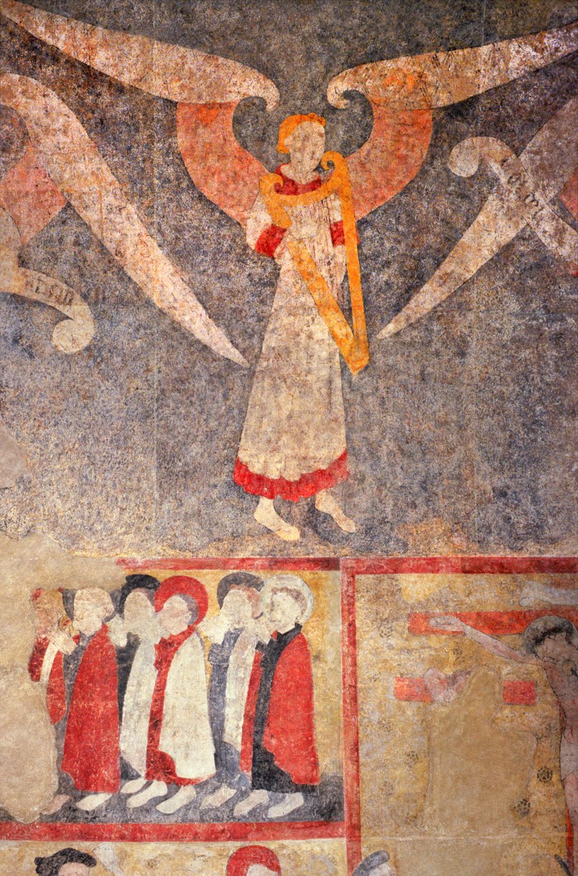 Loire Atlantique N* 080 - St-Sulpice des Landes - Eglise dit du "old bourg" - 15. századi falfestmények - Boltozat angyala, aki a "rebec"-et játszik (viola) alkotó: Unbekannt
