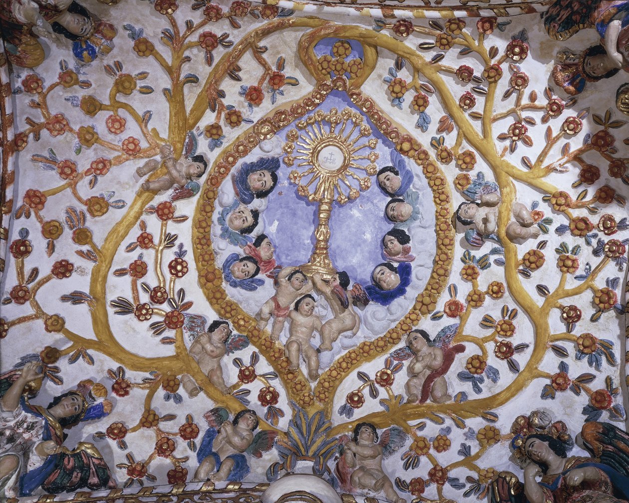 Alacsony szögű kép egy falfestményről a templom kupoláján, Santo Domingo templom, Oaxaca, Oaxaca állam, Mexikó alkotó: Benjamin Baud