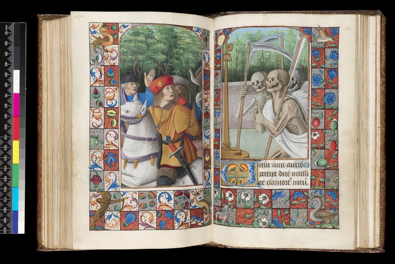 MS 92 f.132v-133r, Halottak hivatala, Matins, A három élő és a három halott, az órák könyvéből, Nyugat-Franciaország, Róma használata, 1490-1510 alkotó: Unbekannt