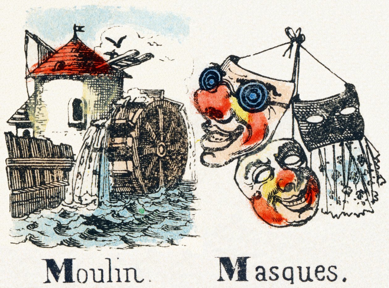 M - Moulin Masques - Alphabet - Gyermek szórakoztatás - Epinal képek, népszerű sorozatok, 1890 körül alkotó: Unbekannt