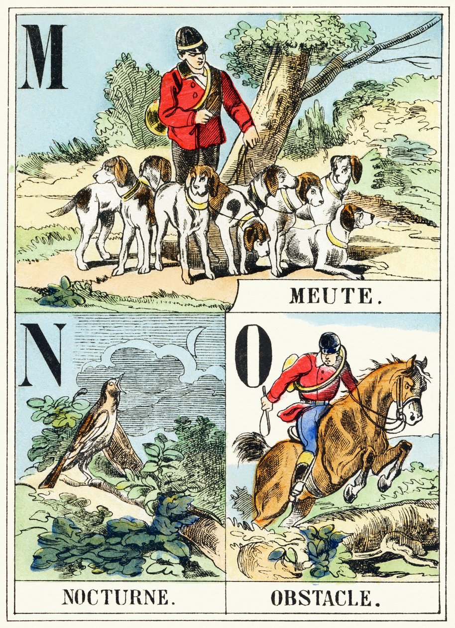 M N O : Meute, Nocturne, Akadály – A vadászábécé, 1890 körül (metszet) alkotó: Unbekannt