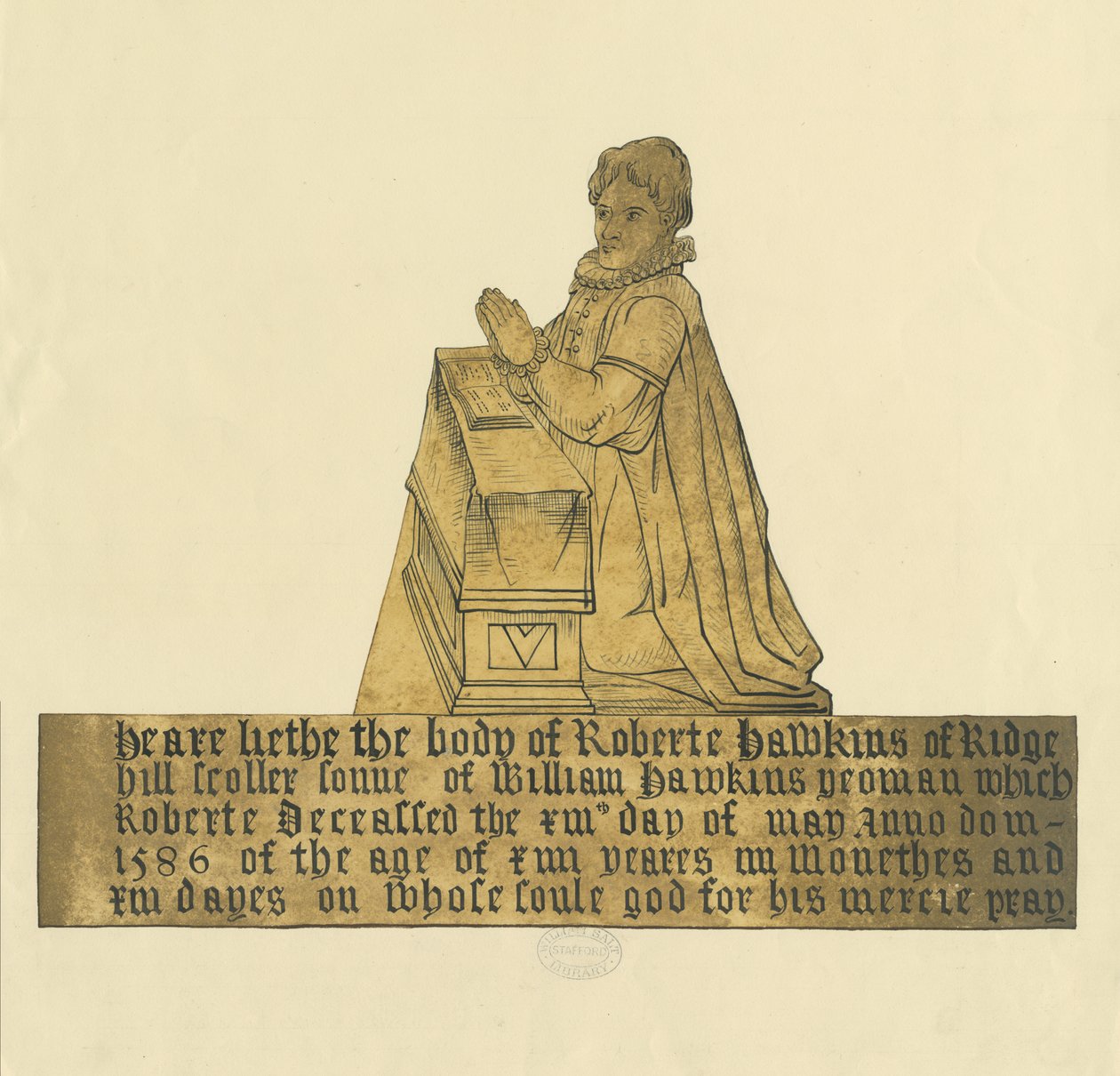Madeley-templom – Robert Hawkins emlékműve: akvarell- és tusfestmény, nd [?19. század] alkotó: Unbekannt