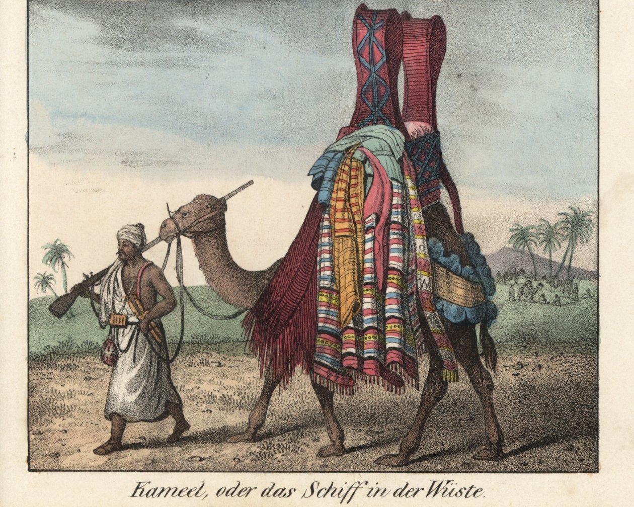 Észak-afrikai férfi, muskétás fegyverrel, takarókkal megrakott tevét vezet. Litográfia a könyvhöz: Friedrich Wilhelm Goedsche (1785-1863) "Galerie complete en tableaux fideles des peuples d