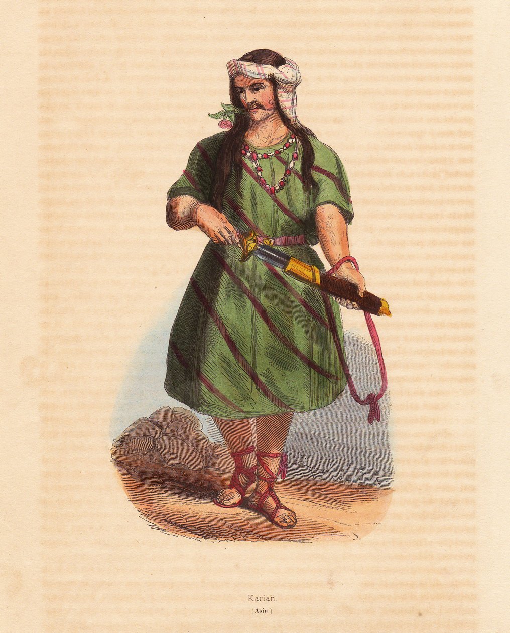 A karen törzs embere (Karene vagy Karyang) (Burma, Mianmar) - A dél-burmai karen (Karian) törzs embere - Kézzel színezett fametszet Auguste Wahlen, Jean Francois Nicol álnevének "Mores, Uses et Costumes de tous les Peoples du Monde, Asia" című művéből. alkotó: Unbekannter Künstler