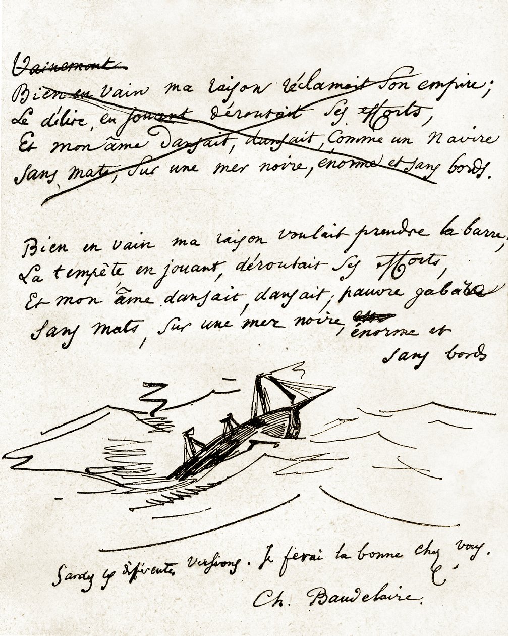 Charles Baudelaire kézirata, csónak rajzával illusztrálva alkotó: Unbekannter Künstler