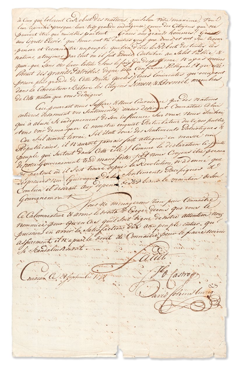 „Jb d Castro” és „David Cohen Henriq” aláírt kéziratos levél Victor Huguesnak a Windward-szigetek ügyvezető igazgatójának különleges ügynökéhez, Curaçaohoz, 1798. szeptember 8-án (tintával papíron) alkotó: Unbekannt