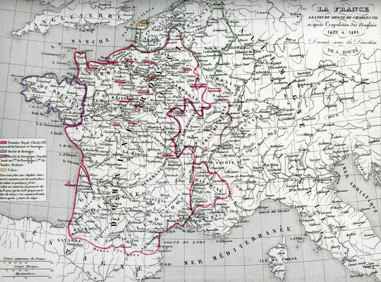 Franciaország térképe VII. Károly király idején és az angolok kiűzése után 1422 és 1461 között (Franciaország térképe VII. Károly király idején) Tábla Houze "Atlas Universel" című művéből. alkotó: Unbekannter Künstler