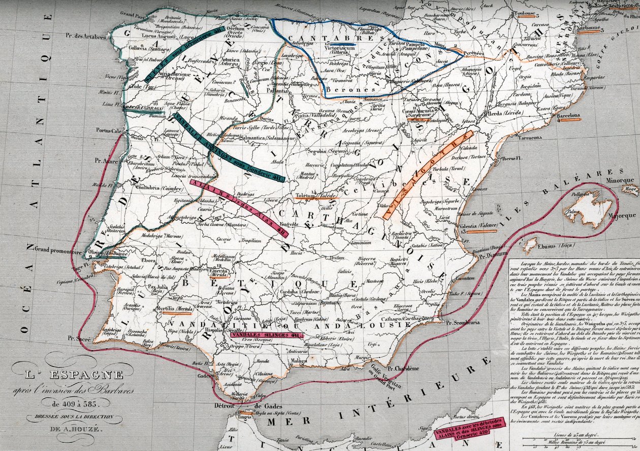 Spanyolország térképe a germán Hispánia idején, 409-585 (Map of Spain at the times of Germanic Hispania) Metszet Houze "Atlas Universel" című művéből. alkotó: Unbekannter Künstler