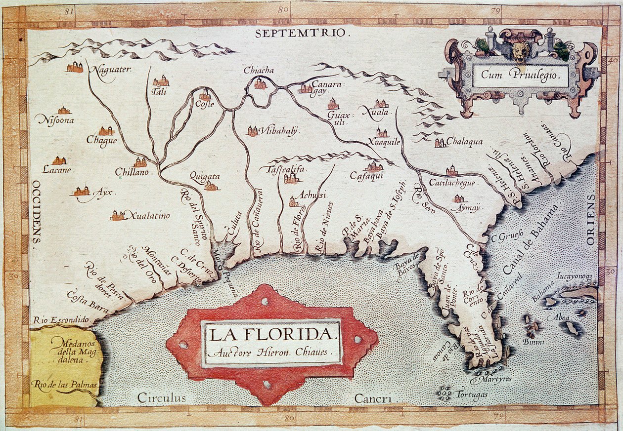 "Florida" feltérképezése. Láthatjuk a Ráktérséget, a Bahamákat és a Tortugas-szigeteket. Abraham Ortelius (1527-1598) térképész "Teatrum Orbis Terrarum" című művében. alkotó: Unbekannter Künstler
