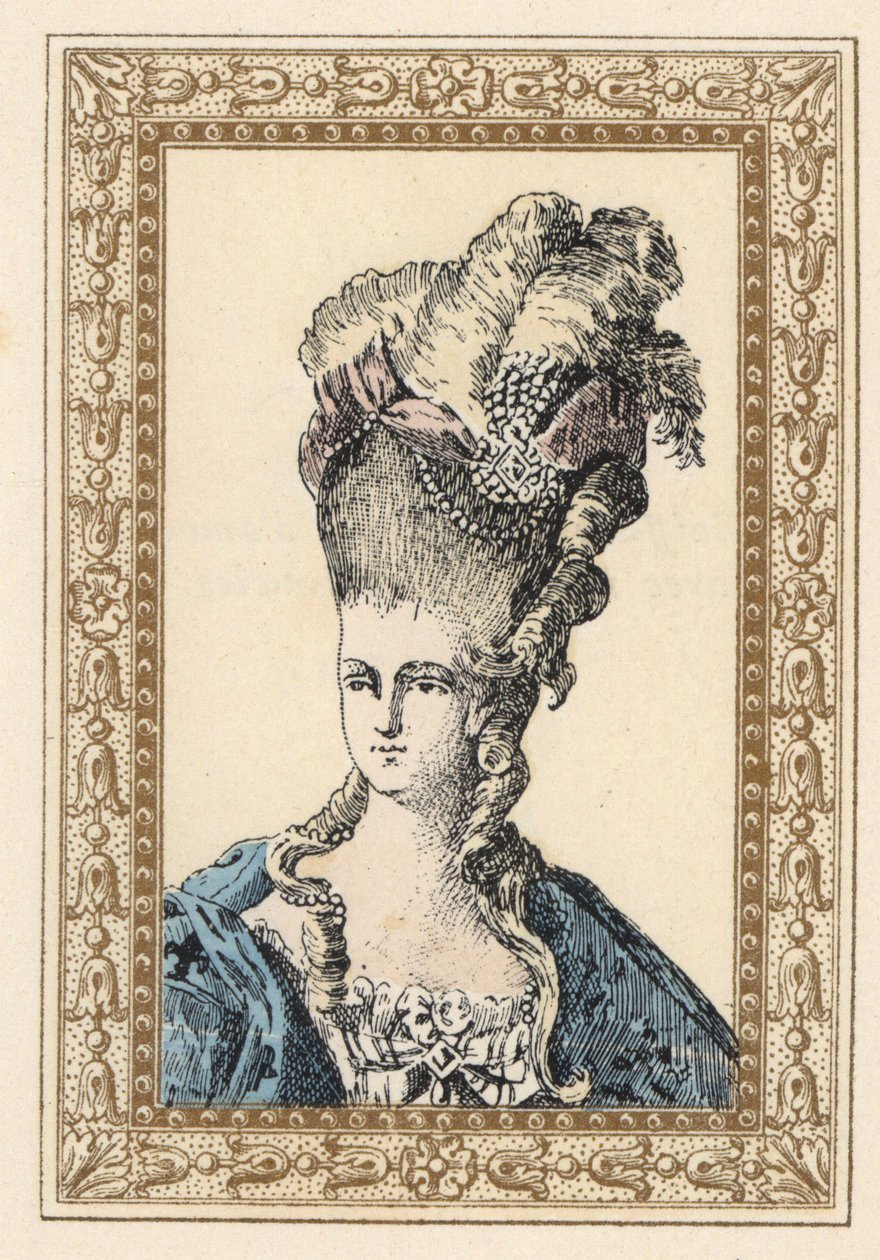 Marie Antoinette, XVI. Lajos francia király felesége, díszes, szalagokkal és gyöngyökkel koronázott frizurában. alkotó: Unbekannter Künstler