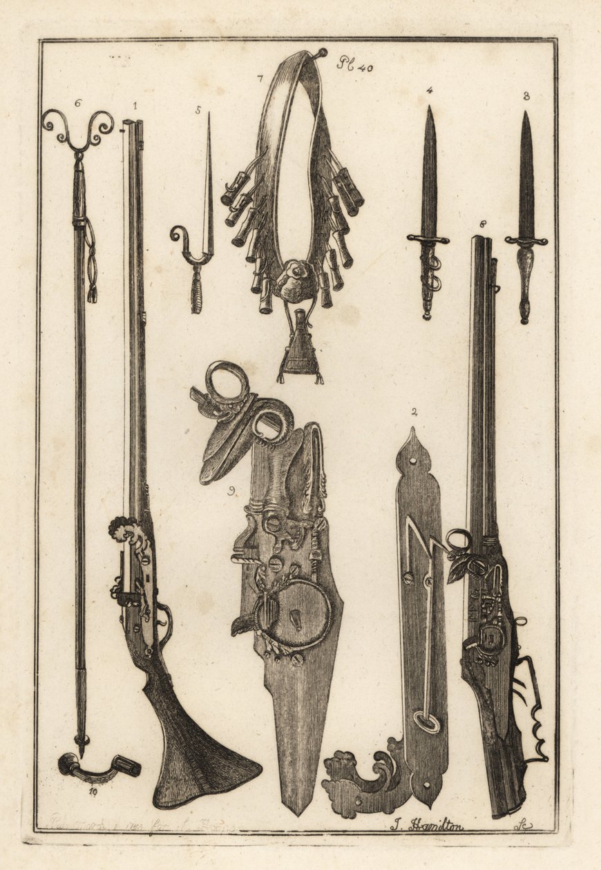 Matchlock muskéta, zár és szurony a Tower of Londonból 1-3, szurony 4, muskétatámasz és szurony 5, muskétatámasz 6, páncélosok és poros palack 7, kerékzár 8, 9 és villáskulcs 10 alkotó: Unbekannt