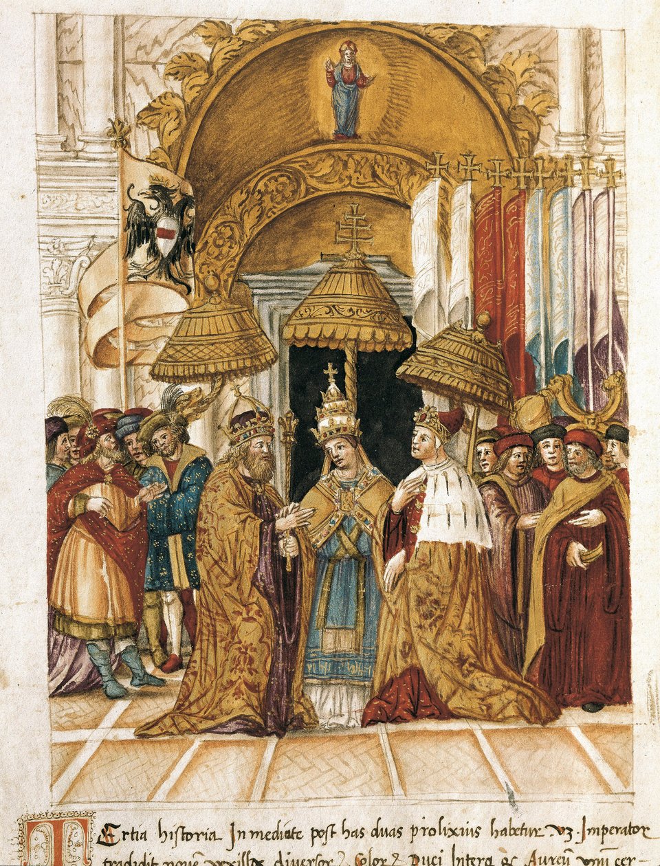 Frederic Barberossa (Federico Barbarossa) és III. Sándor pápa (Alexander, Alessandro III) (1105-1181) találkozója a velencei dózsepalotában 1177-ben. alkotó: Unbekannter Künstler