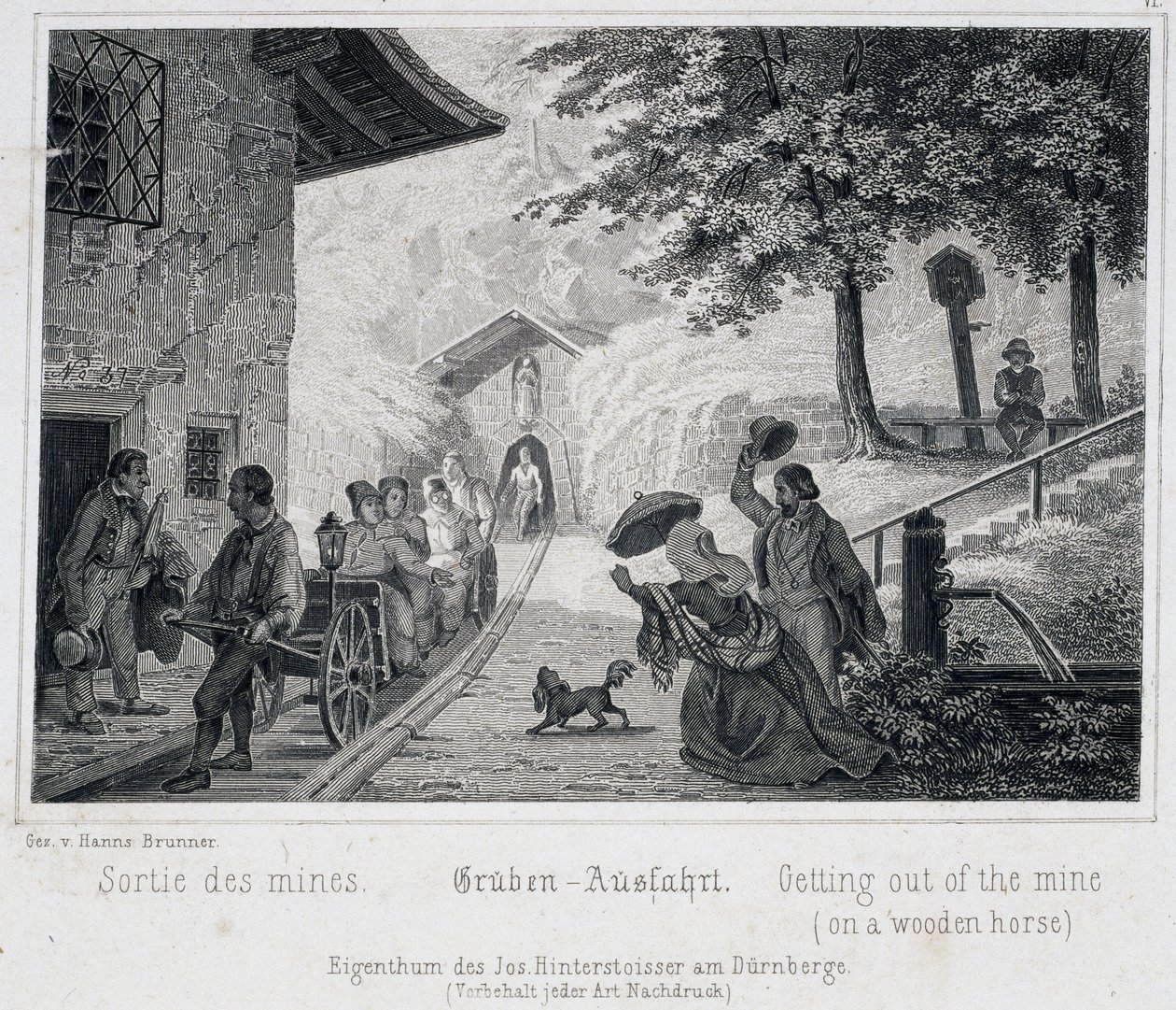 Sóbánya: turisták kilépése a bányából sínekre húzott fajárművel Durrnburgban, Ausztriában, 1850 körül alkotó: Unbekannt