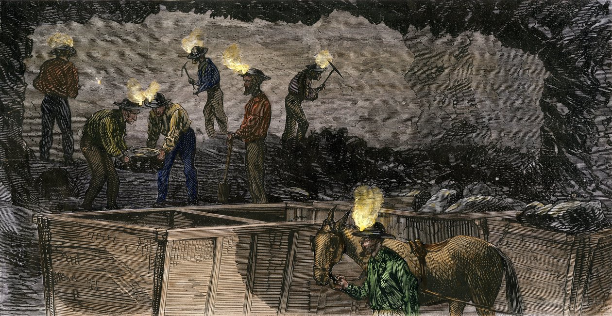 Bányászok ásnak a bányában és rakodják a szenet öszvérek által hajtott kis kocsikba Pennsylvaniában. Színes metszet 1860-ból. alkotó: Unbekannter Künstler