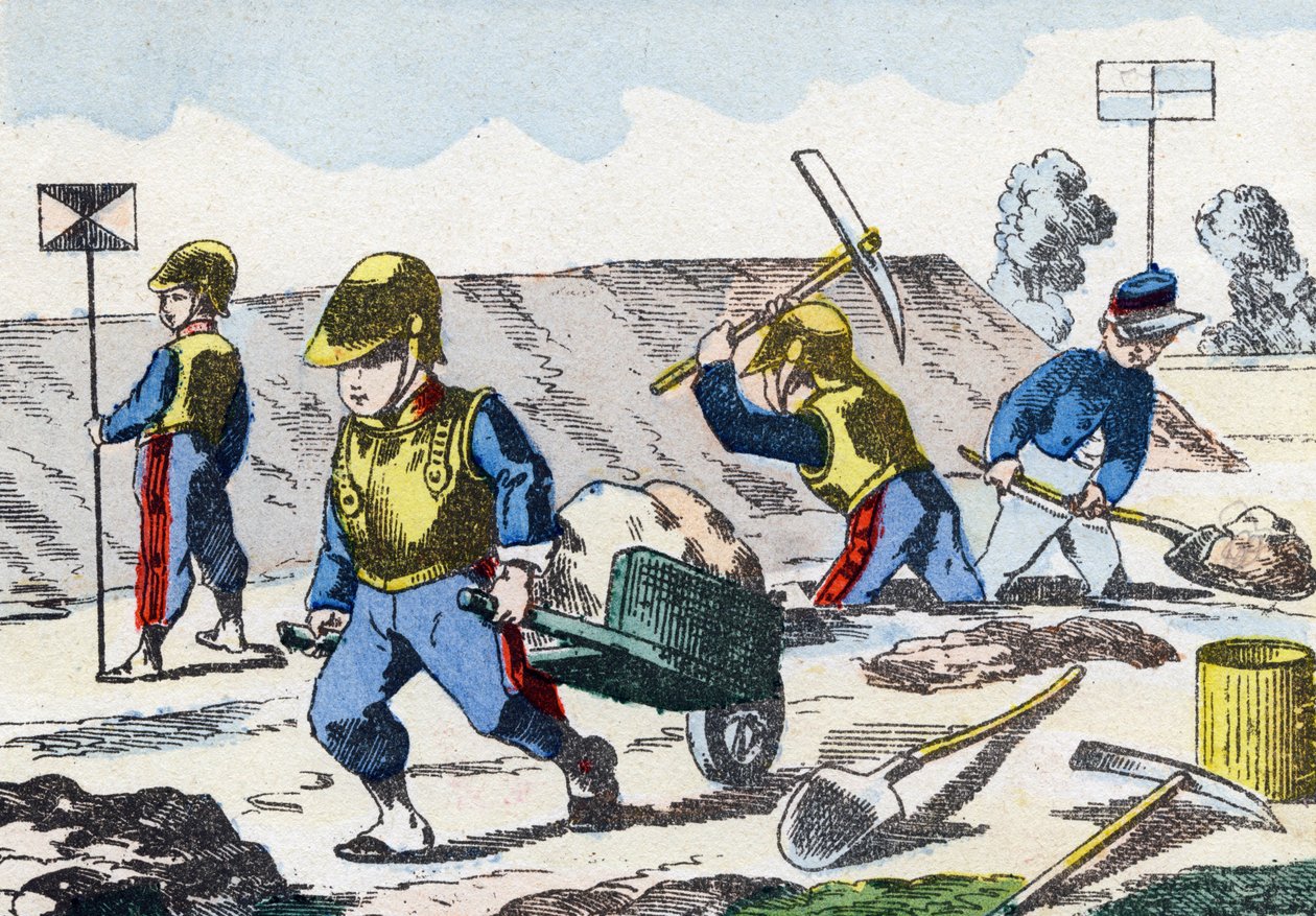 Kiskorúak. Metszet „Gyermek katonai ábécéjébe”. Pont-a-Mousson képei, 1890 körül. 20 oldal. Nap: 28,5x21 cm alkotó: Unbekannt