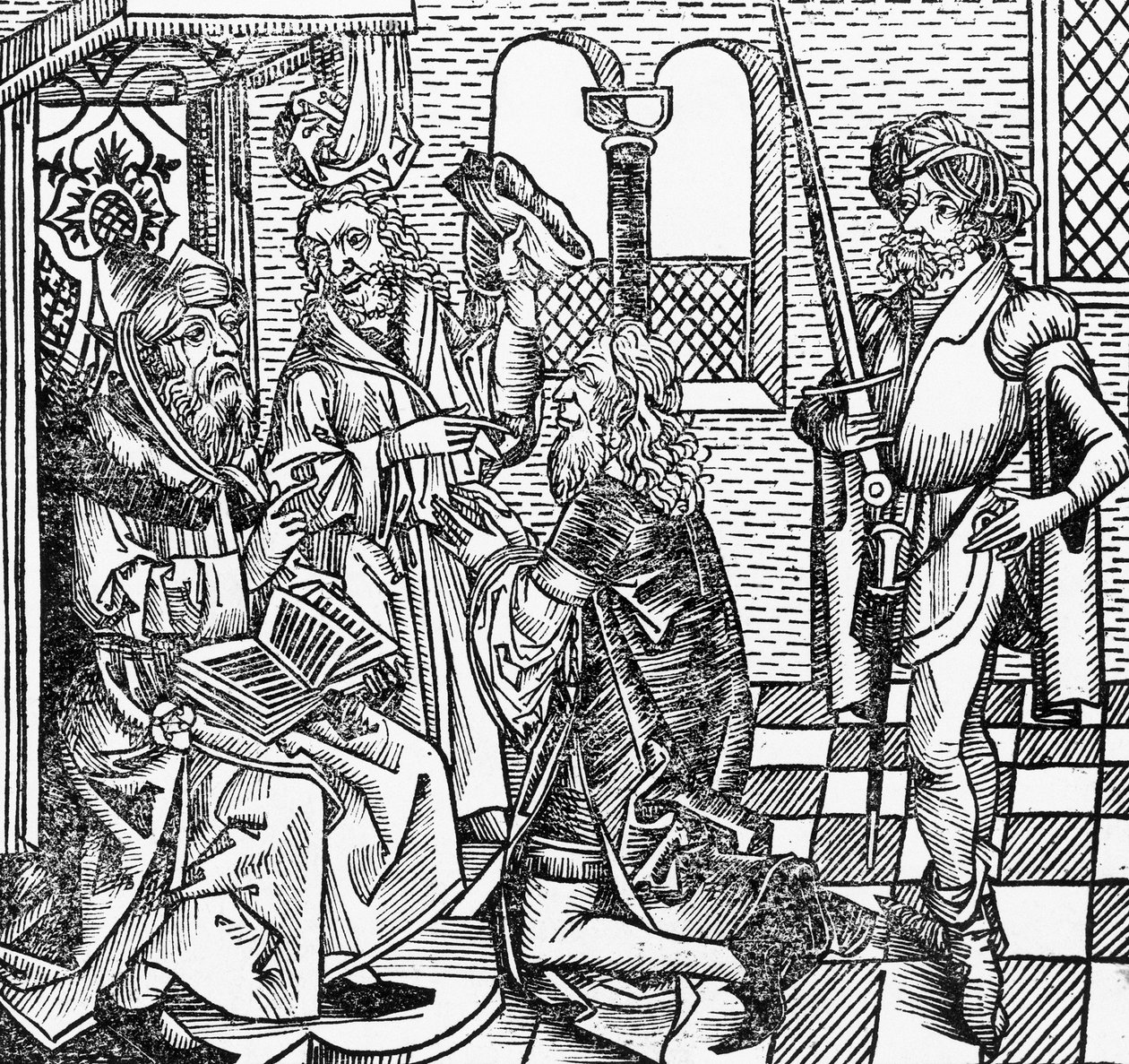 Mohammed az udvarban, német fametszet, a Nürnbergi Krónikából (Liber Chronicarum), Hartmann Schedel alkotó: William M. Timlin