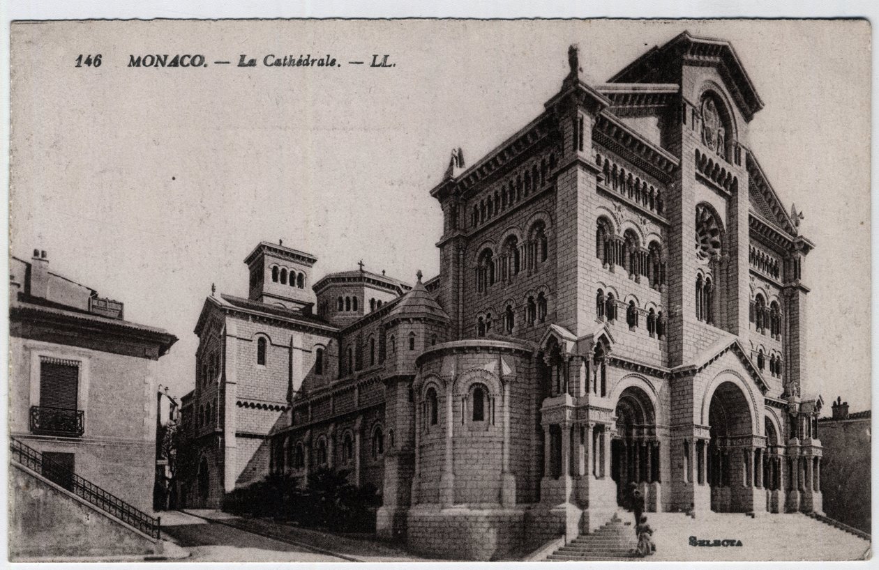 Monaco: a Cathedrale Notre-Dame Immaculee külső képe (Notre-Dame-Immaculee) - Képeslap, 19. század vége-XX. század alkotó: William M. Timlin