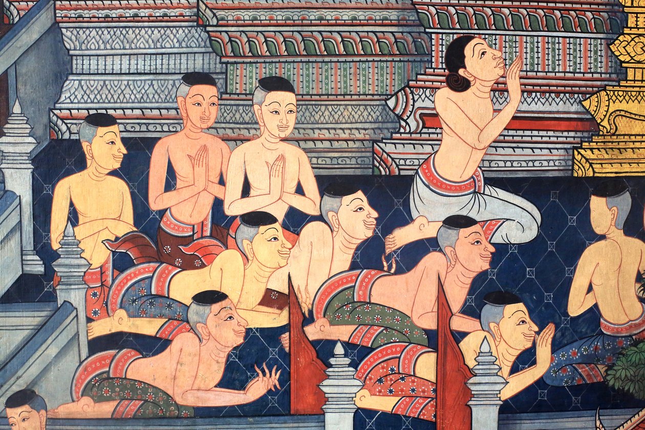 Szerzetesek. A Ramakient ábrázoló falfestmény a Vihara belső falain III. Rama király korából. Wat Pho - Wat Phra Chetuphon. 1788. Bangkok. Thaiföld alkotó: Unbekannt