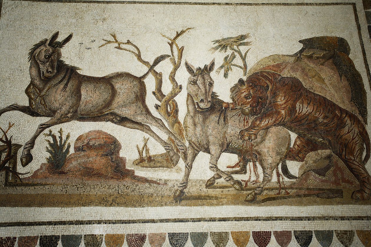 Állatharcok mozaikja: tigris két éjszakai ősemberre támad. II s AD/Musee d