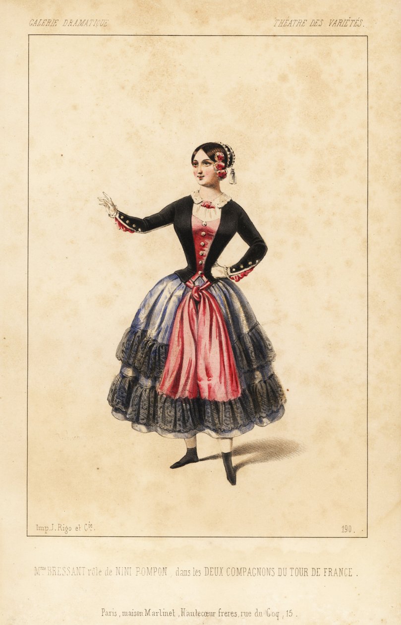 Elisabeth Augustine Bressant asszony mint Nini Pompon a Lockroy és Wailly által rendezett Les Deux Compagnons du Tour de France című darabban, Theatre des Varietes alkotó: Unbekannter Künstler