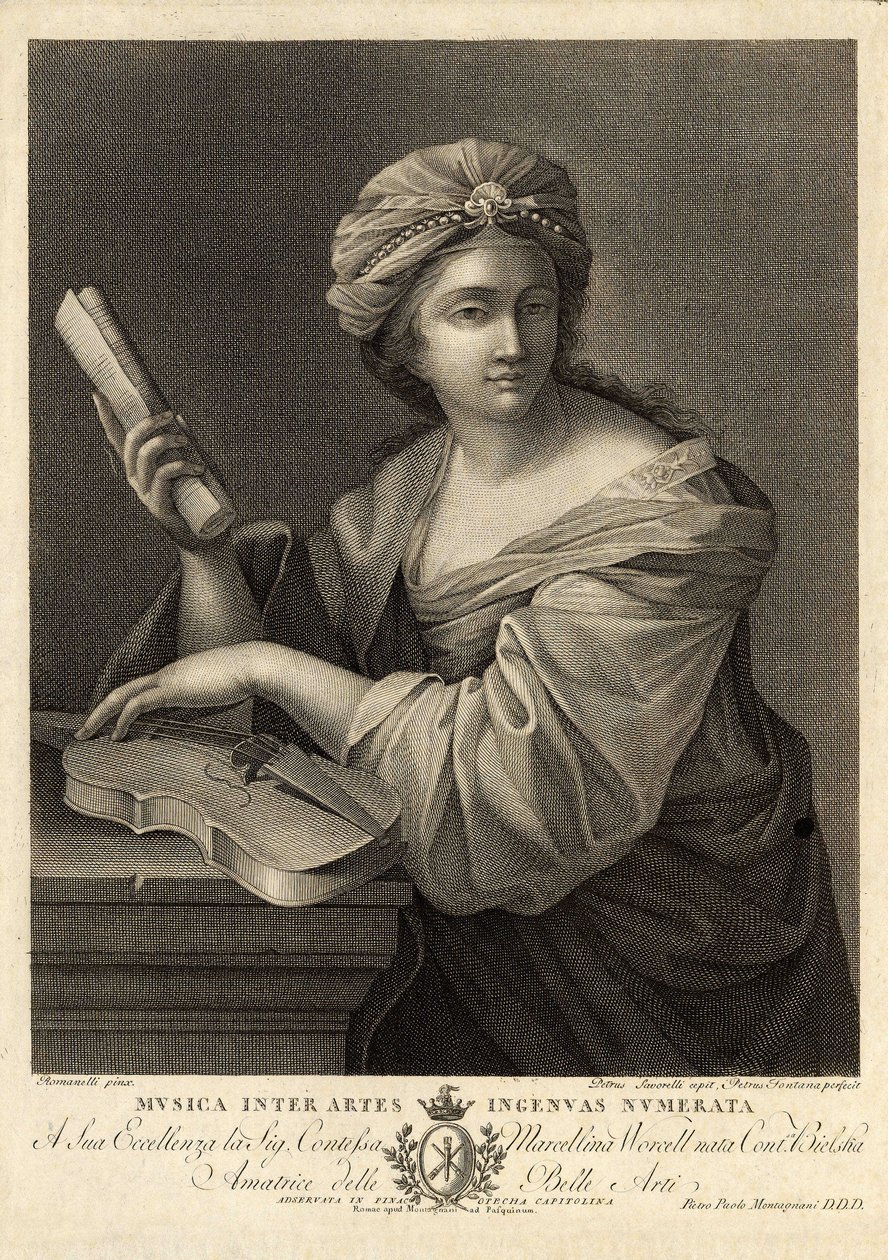 Musica inter artes ingenua numerata, Pietro Savorelli metszete Giovanni Francesco Romanelli, 18. századi barokk festő festménye után. alkotó: Unbekannter Künstler