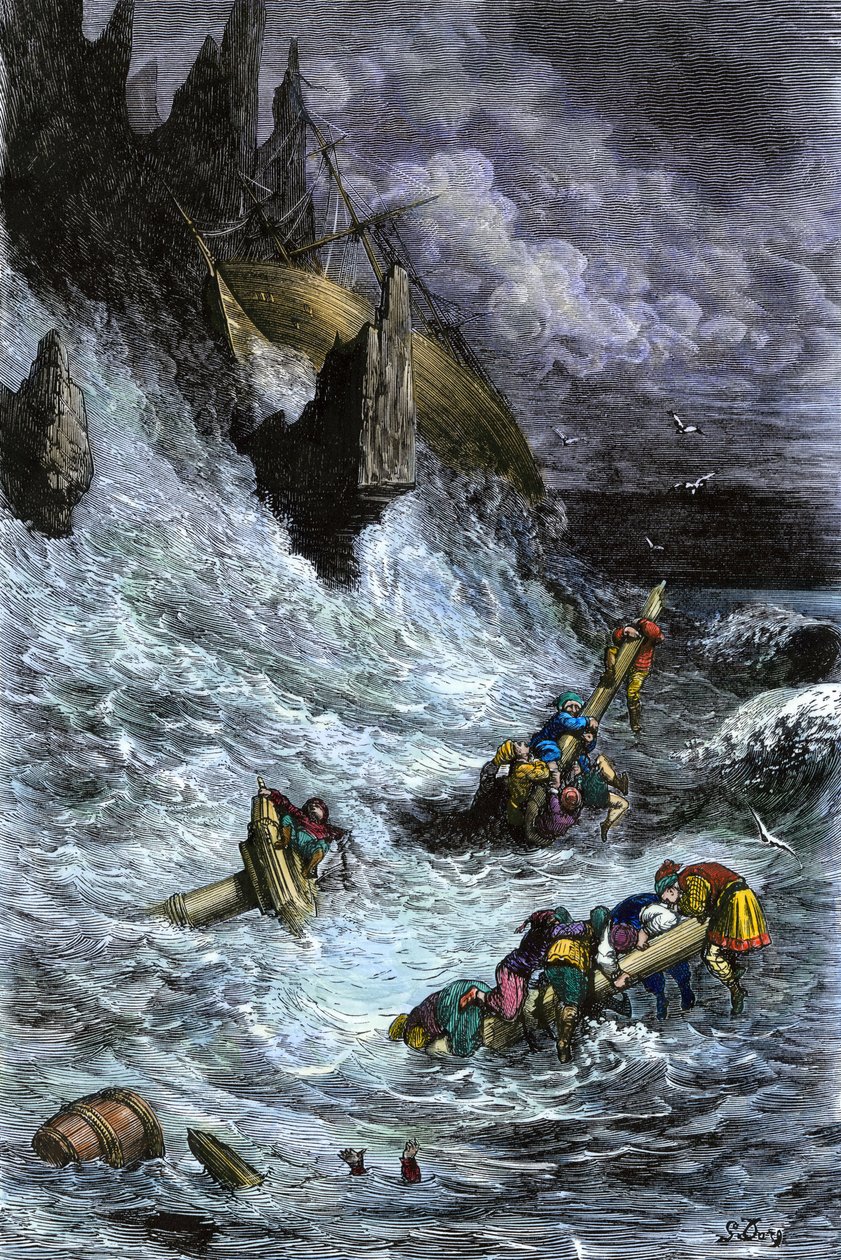 Mítoszok és legendák: Szindbád (Sindbad) és társai az 1001 éjszaka (ezeregy éjszaka) után. Gustave Dore színes metszete. alkotó: Unbekannter Künstler