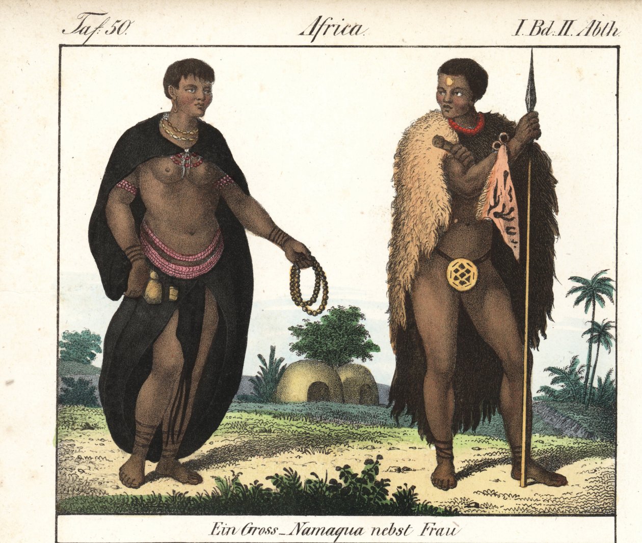 Nama házaspár (Dél-Afrika). A könyv litográfiája: Friedrich Wilhelm Goedsche (1785-1863) "Galerie complete en tableaux fideles des peuples d