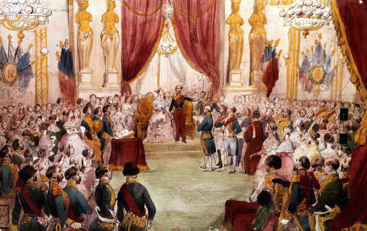 III. Napóleon polgári esküvője 1853-ban : a császár bemutatja feleségét, Eugéniát az udvarnak, akvarell 19. század alkotó: Unbekannter Künstler