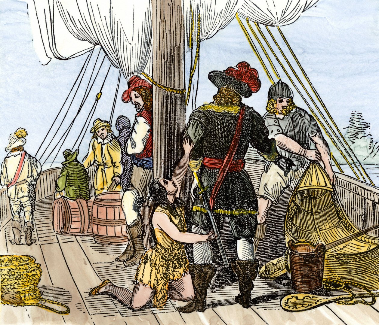 Amerika őslakosai: indiánok. Pocahontas, akit Jamestown egyik hajójának fedélzetén fogtak el. Színes metszet a 19. századból. alkotó: Unbekannter Künstler