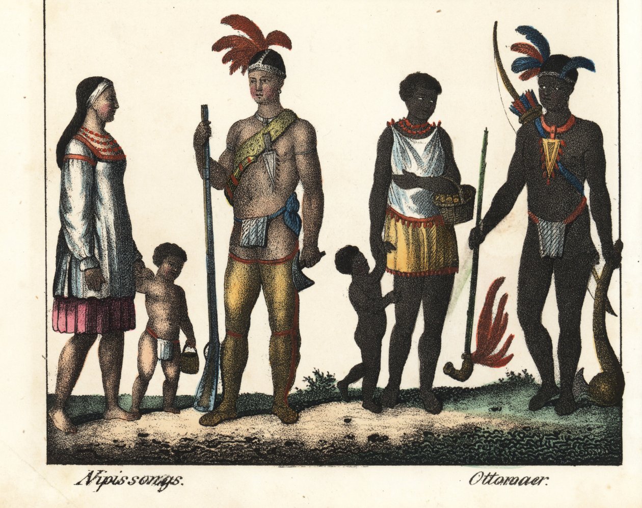 Kanadában őshonos: egy indiáncsalád a Nipissing-tóról és egy indiáncsalád Ottawa környékéről. A könyv litográfiája: "Galerie complete en tableaux fideles des peuples d