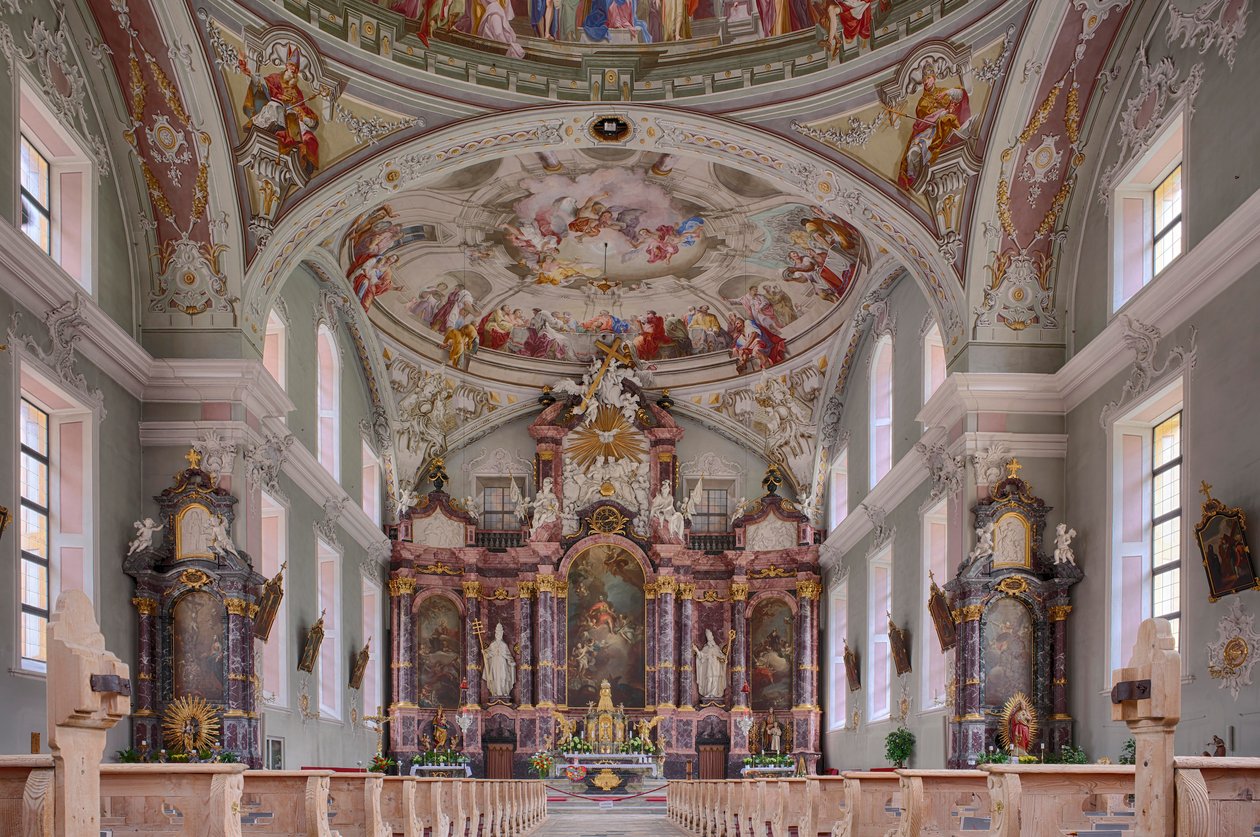Hajó, oltár, mennyezetfestés, belső fénykép, Szent György katolikus plébániatemplom, Neustift, Stubai Valley, Tirol, Ausztria, Európa (fotó) alkotó: Unbekannter Künstler