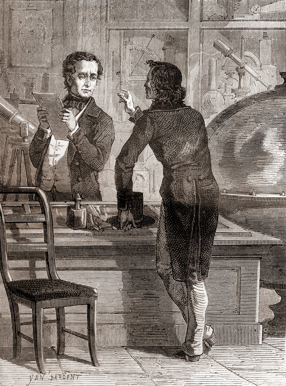 Nicéphore Niépce, bár még mindig ismeretlen és szegény, Charles Chevalier optikai és műszerüzletében, a Les Merveilles de la Science-ből, megjelent 1870 körül (metszet) alkotó: Unbekannt