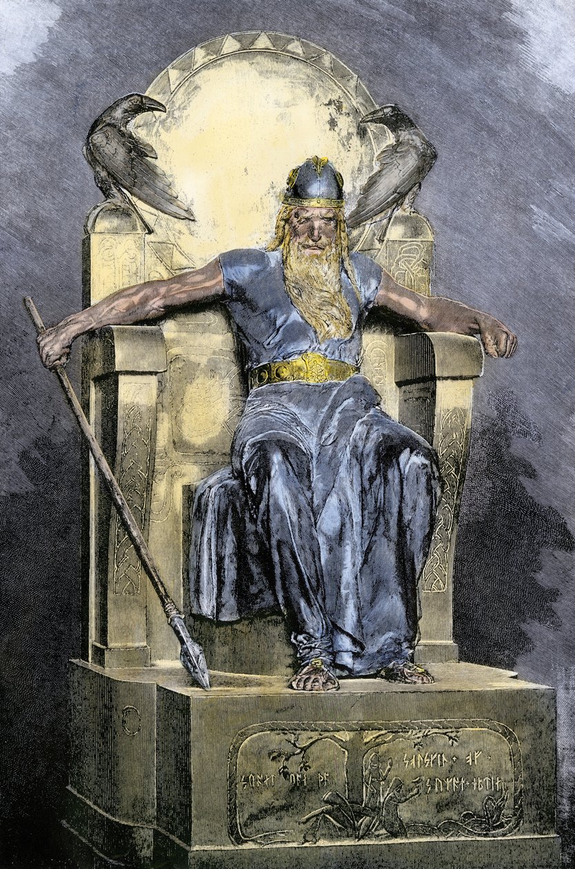 Skandináv mitológia: Wotan (Odin) istenség ábrázolása. Színes metszet a 19. századból. alkotó: Unbekannter Künstler