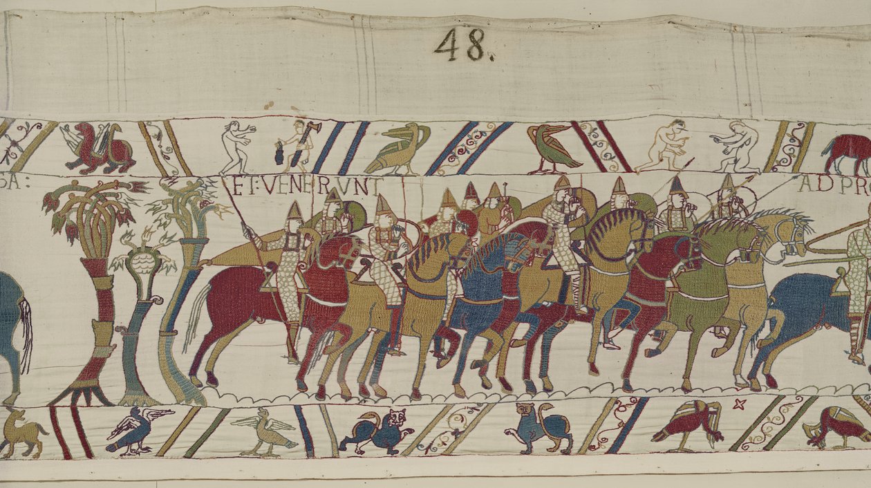 A Hastingst elhagyó normann katonák Harolddal harcolni, Bayeux Tapestry (gyapjú hímzés vászonon) alkotó: Unbekannt