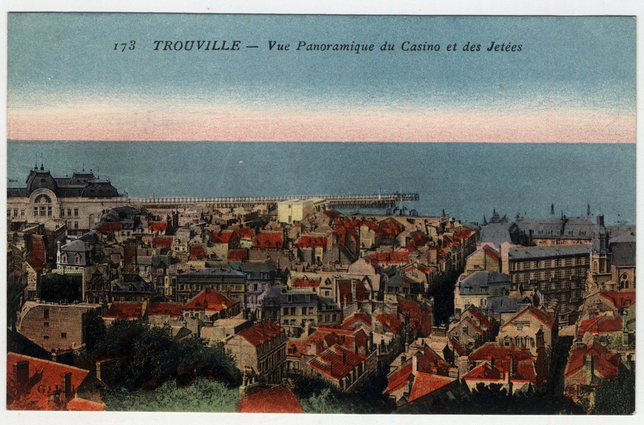 Normandia, Calvados (14), Trouville: panorámás kilátás a kaszinóra és a mólókra - Képeslap, 19. század vége-XX. század alkotó: William M. Timlin