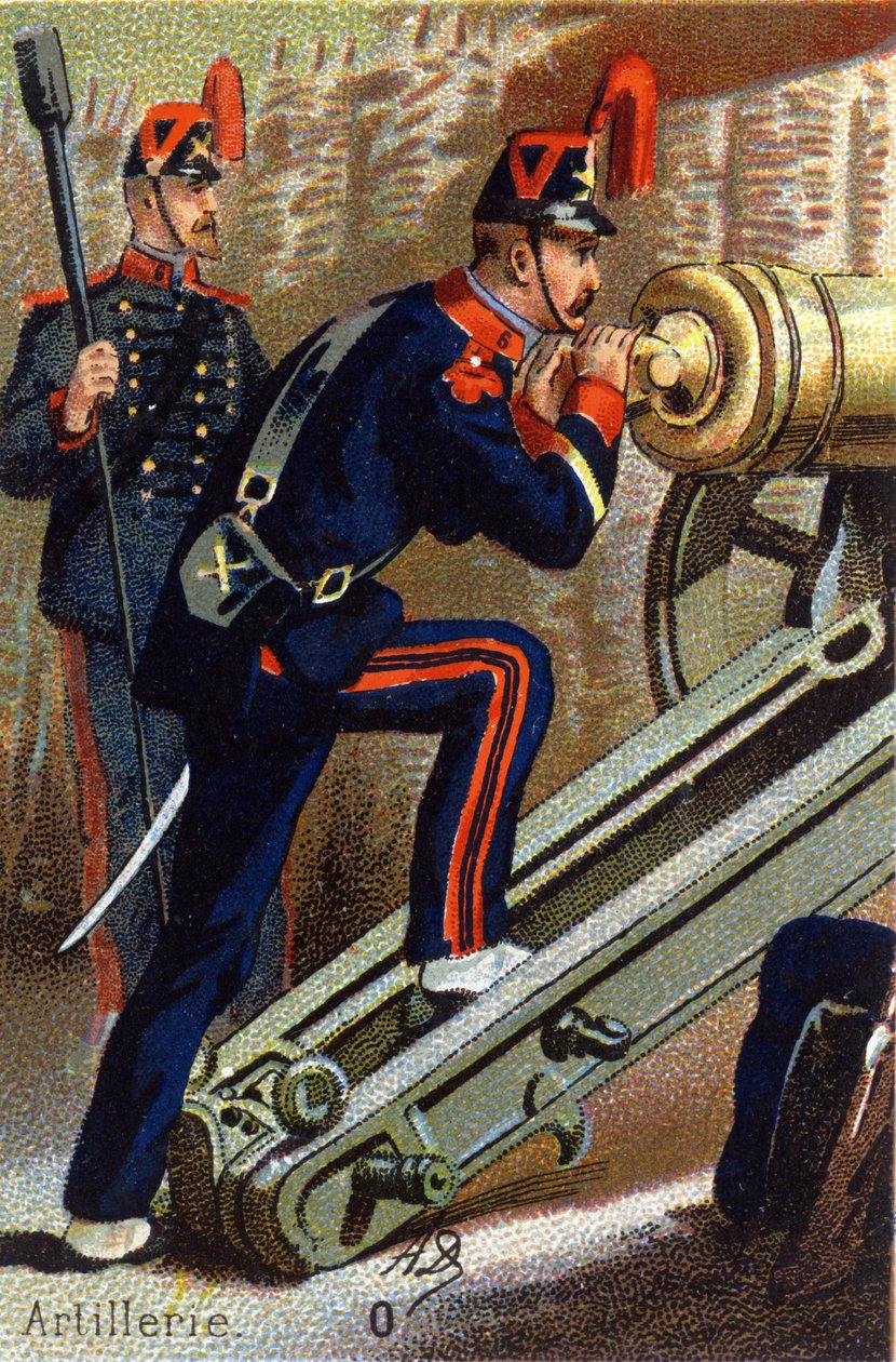 O: Tüzérség. Metszet "Katonai ábécé"-ben. Az illusztrátor kezdőbetűi: A. D. Ismeretlen kiadó. Kromolitográfia a 19. század végén. Mérete: 10,5x7 cm. alkotó: Unbekannt