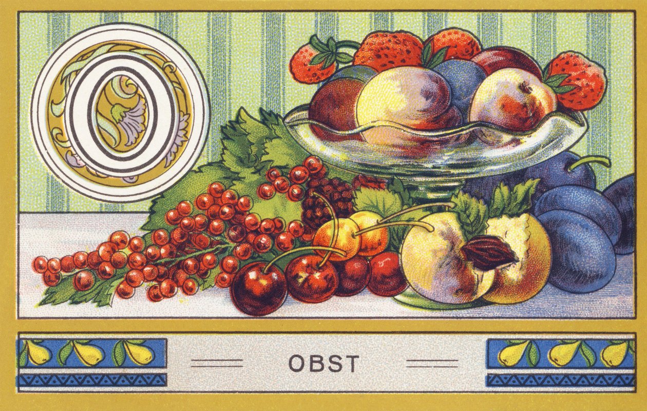 O : Gyümölcs - Palmin ábécé. Kromolitográfiás sorozat, szerkesztette: H. Schlinck & Cie, Hamburg, s.d. . Publicite pour Palmin legfinomabb kókuszzsír. Méretek: 7 x 11 cm alkotó: William M. Timlin
