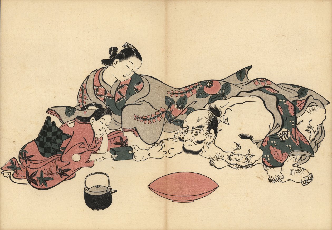 Oiran kurtizánja figyeli az erőpróbát kamuroja (szobalánya) és Kinpira, a híres erős férfi között. Elöl egy korsó szaké és egy ivóedény. Masanobu Okumura (1686-1764) fametszete a Fuzoku Emakimono, Picture Scroll of the Water Trade (A vízi kereskedelem képt alkotó: Unbekannter Künstler